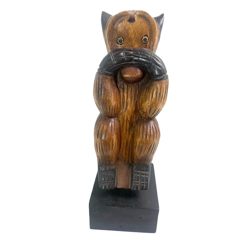 Speak No Evil Monkey Sculpture Figurine Wood Statue Collectible Decor 11" Carved